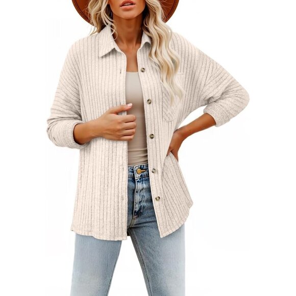 Tops - Women's Long Sleeve Beige Button Down Jacket Shirts Loose Sweater Blouses Tops